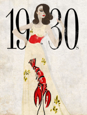1930年代服装手绘插画-30年代Elsa Schiaparelli的龙虾裙