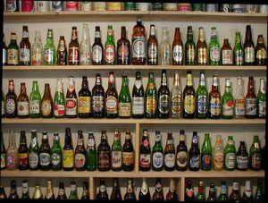 Beer Library - shelves of empty beer bottles are colorful & fun.