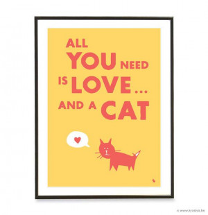 Yellow typography love quote poster heart kitty cat pop art poster ...