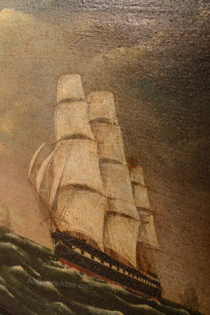 Antique Primitive Antique Ship Oil Painting