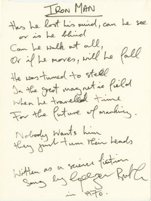 Geezer Butler of Black Sabbath handwritten signed lyrics to “Iron ...