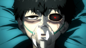 Kaneki wakes up from his surgery now as a half human, half ghoul.