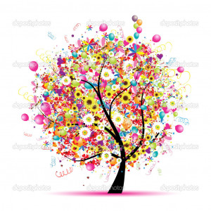 Happy holiday, funny tree with balloons - Stock Illustration