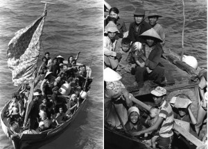 Thirty-five Vietnamese refugees wait to be taken aboard the ship USS ...