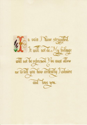 Mr. Darcy's proposal done in calligraphy by Patty Marq