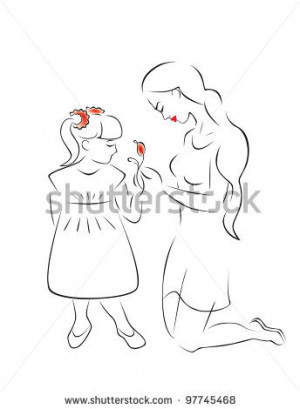 of motherhood and caring - a mother and daughter admire a flower
