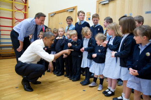 David Cameron visit with school children at Enniskillen Primary School ...