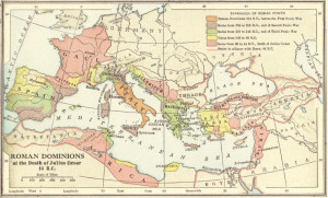 Map of Roman dominions at the death of Julius Caesar in 44 BCE.