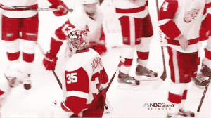 Jimmy Howard goes over to Niklas Kronwall to console him after the ...