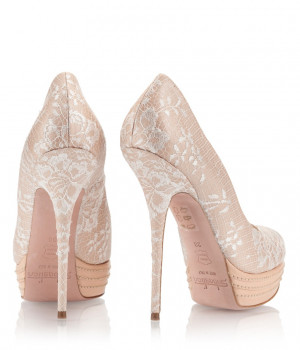 Nude leather and white lace stiletto heel platform peep-toe pumps