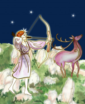 Artemis and Hind, greek moon goddess, night time, artemis illustration ...