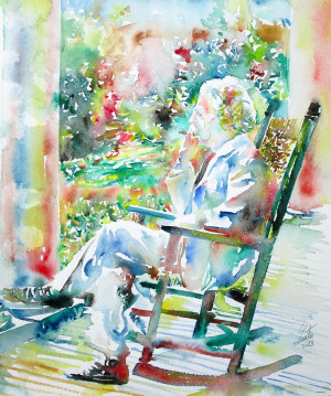 Mark Twain Sitting And Smoking A Cigar - Watercolor Portrait Painting