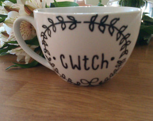 Welsh 'Cwtch' Hand Painted Hot Chocolate Mug. Black Writing on White ...