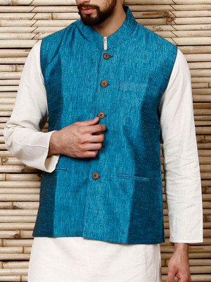 veda linen nehru jacket for men teal 12414521