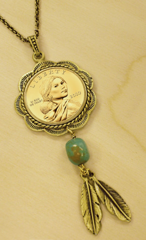 Sacagawea Brass And Turquoise Pendant