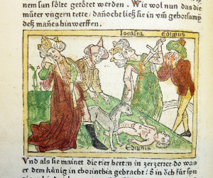15th-century woodcut illustrating the suicide of Jocasta