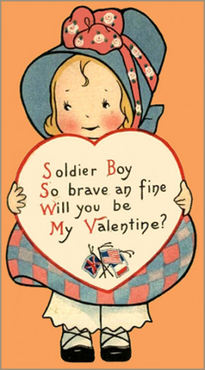 ... war. Little girl holding a heart with a love poem for Valentines Day