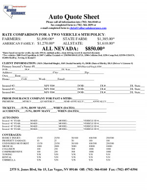 All Nevada Insurance Auto Quote Sheet