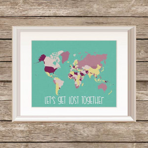 Let's Get Lost Together Quote Print Canvas Texture Map Print World Map ...