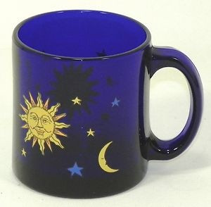 ... Blue Cobalt Glass Coffee Mug Yellow Sun, Moon & Stars From Friends