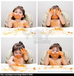 Happy Baby Having Fun Eating Messy Showing Hands Covered Spaghetti