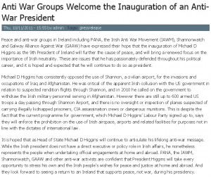 Anti-American groups welcome Higgins as President, 10 Nov 2011.