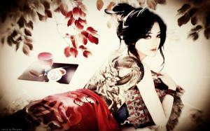 ... lips japanese green eyes short hair lying down realistic Wallpaper