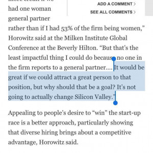 ... [woman] to that position [of general partner at a16z]. ~Ben Horowitz