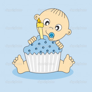 Baby boy with a birthday cake - Stock Illustration