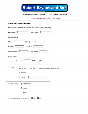 Telephone Fax Online Auto Insurance Quote Form Auto Insurance Quote