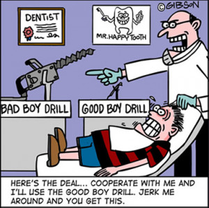 funny cartoon of a dental surgeon and his nervous patient