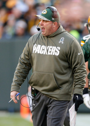 Mike McCarthy Head coach Mike McCarthy of the Green Bay Packers yells