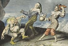 Stephano (centre), Trinculo and Caliban dancing on the sea shore ...