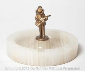 Art Deco Onyx Bonbon Dish With Gilt Metal Figure Of Musician With Lute