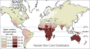 the distributiion of human skin color in about 1500 A.D.--darker skin ...