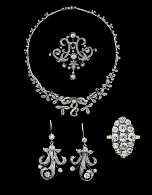 set of diamond jewellery, second half 19th century. Silver gold.