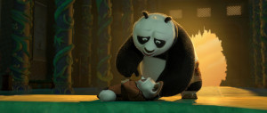 Weakened Shifu being told by Po that Tai Lung has been defeated