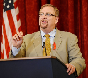 Pastor Rick Warren speaks at The Elton John AIDS Foundation and UNAIDS ...