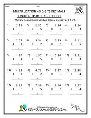 free 5th grade math worksheets multiplication 3 digits 2dp by 1 digit