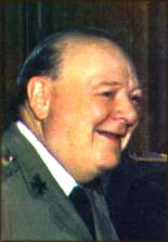 Winston Churchill: Colored photograph of smiling Churchill in profile.
