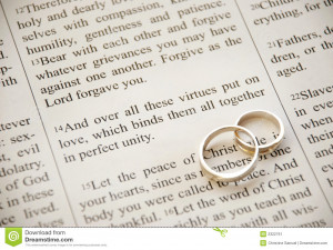 Wedding rings over bible scripture, Colossians 3:14.