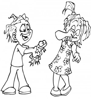 frog coloring page boy teasing a girl with a frog