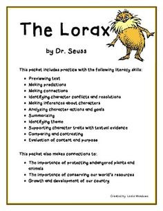 The Lorax literacy and environmental application unit More