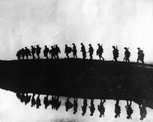 ... silhouettes reflected in the river below them during World War I