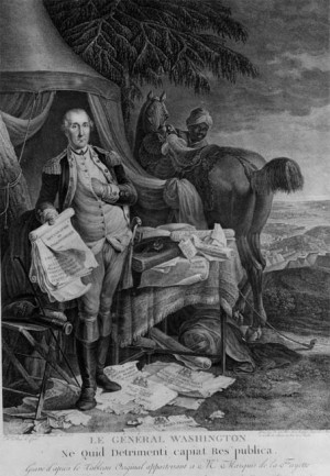 French engraving, circa 1780, showing General Washington holding the ...