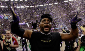 Ray Lewis of the Baltimore Ravens celebrates their win in Super Bowl ...