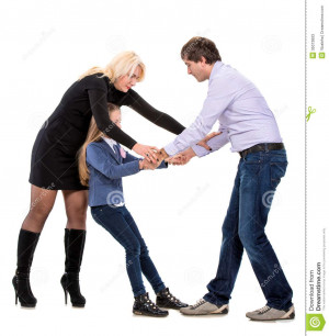 Sad looking girl with her fighting parents on a white background.