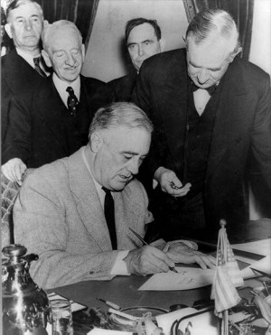 President Roosevelt Signing the Declaration of War Against Japan, 1941 ...