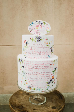 ... tying the knot: a wedding cake decorated with a hand-lettered quote