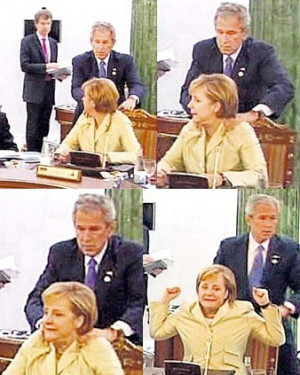 President Bush gives German Chancellor Angela Merkel an uninvited neck ...